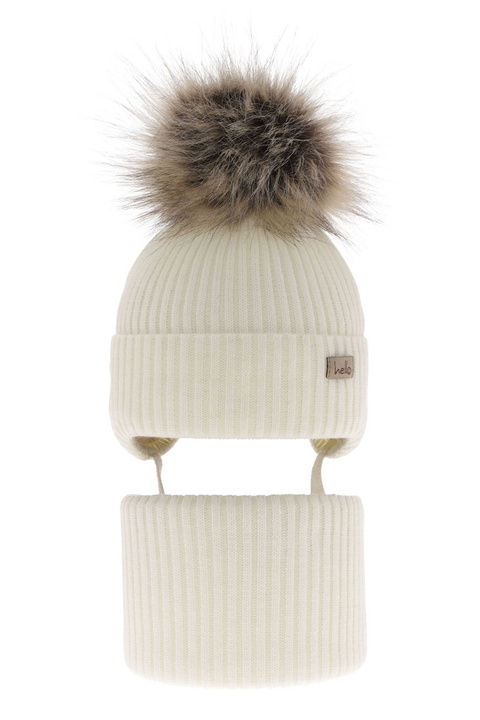 Flicka vinter set: mössa och tubhalsduk, kremowy, med knytband, med pompom, Bria