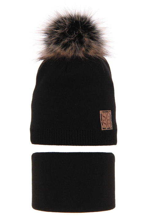 Flicka vinter set: mössa och tubhalsduk, svart, med pompom, Apolinka