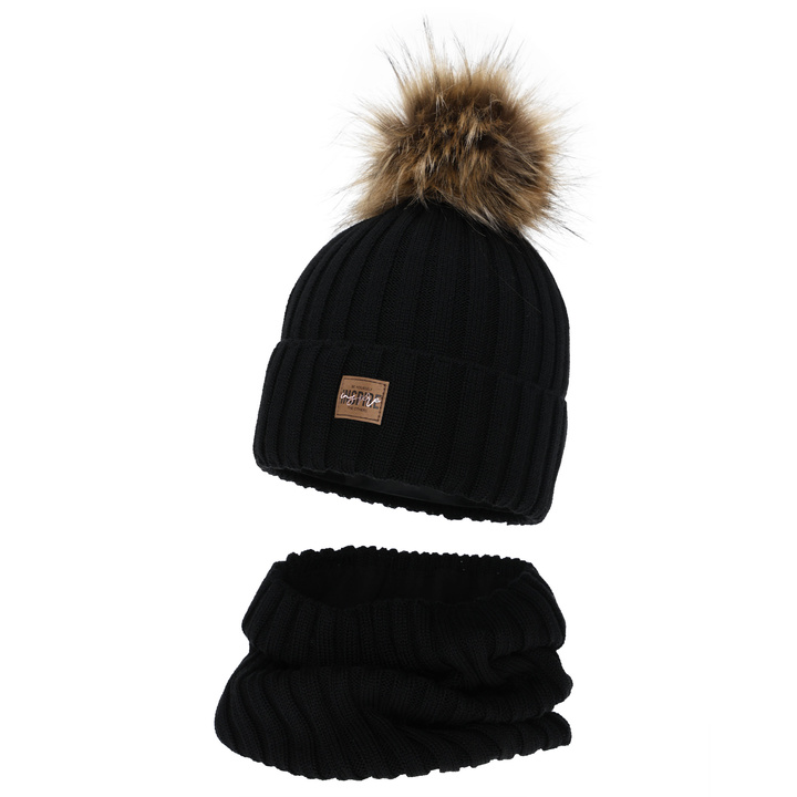 Flicka vinter set: mössa och tubhalsduk, svart, fodrad med fleece, med merinull, Bellina