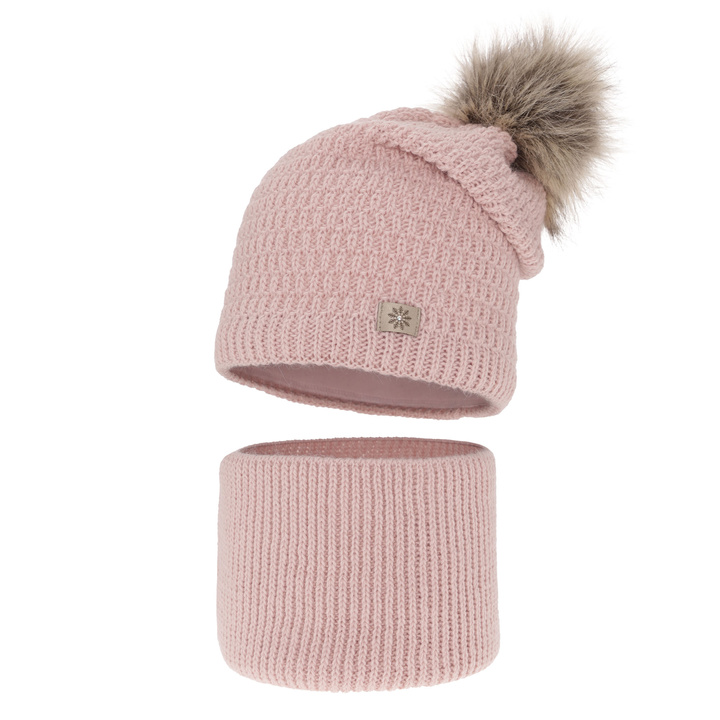 Flicka vinter set: mössa och tubhalsduk, rosa, med pompom, Germina
