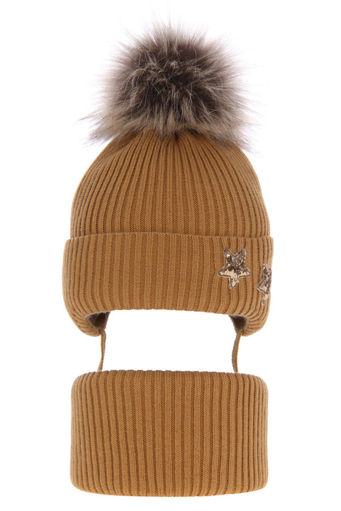 Flicka vinter set: mössa och tubhalsduk, brunt, med knytband, Delicja