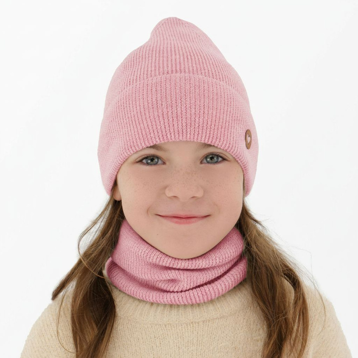 Flicka höst/vår set: mössa och tubhalsduk, rosa, 100% Merino Ull, Brook