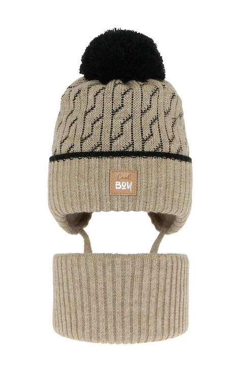 Pojke vinter set: mössa och halsduk, beige, med pompom, Pikolo