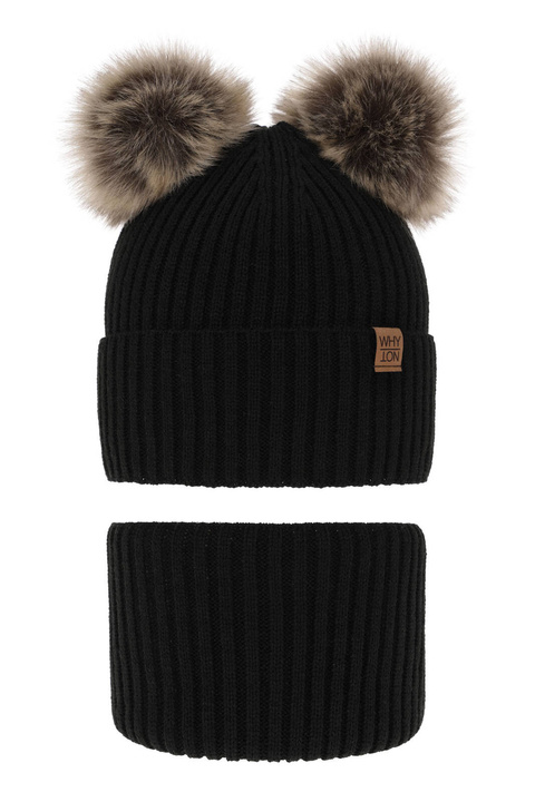 Pojke vinter set: mössa och tubhalsduk, svart, med två pompommar, Oxford