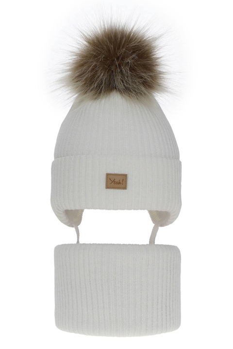 Flicka vinter set: mössa och halsduk, vit, med pompom, Dilajla