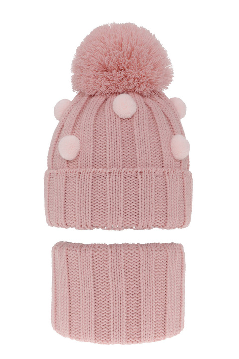 Flicka vinter set: mössa och tubhalsduk, rosa, med pompom, Hekate