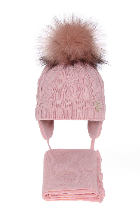 Flicka vinter set: mössa och halsduk, rosa, med pompom, Morena