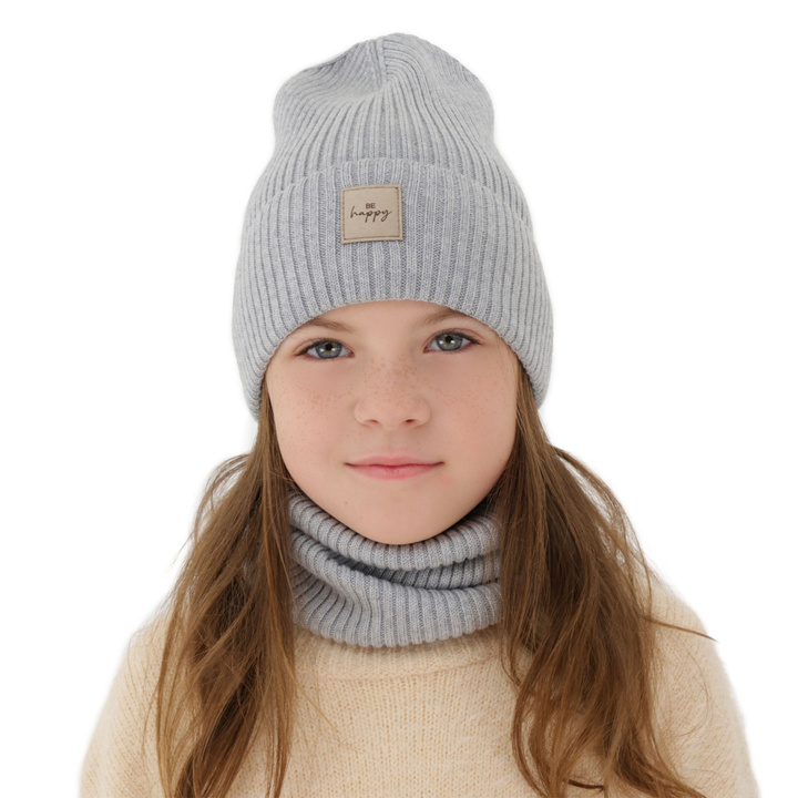 Flicka höst/vår set: mössa och tubhalsduk, grå, 100% Merino Ull, Vanita