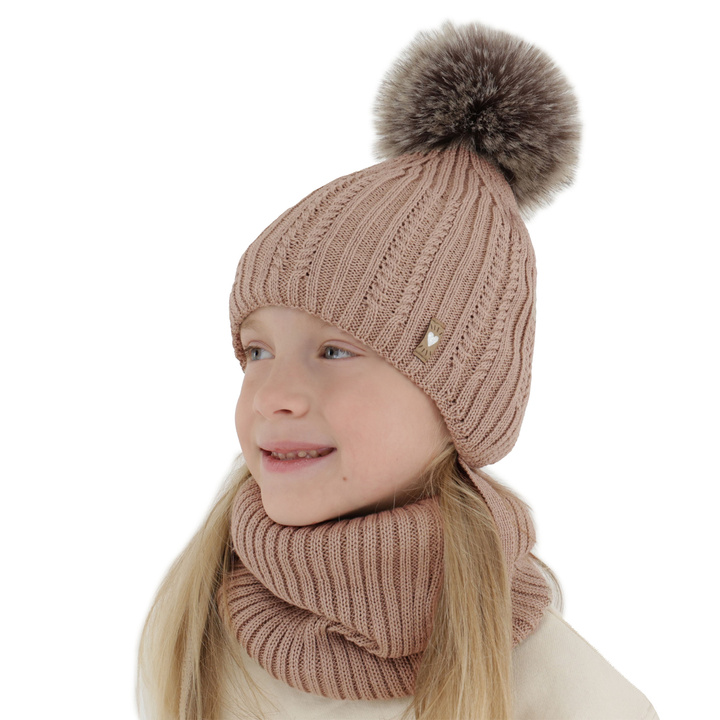 Flicka vinter set: mössa och tubhalsduk, beige, med merinull, med pompom, Muanda