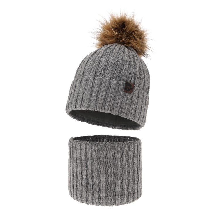 Pojke vinter set: mössa och tubhalsduk, grå, med pompom, Lars