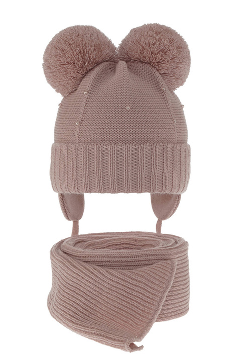 Flicka vinter set: mössa och halsduk, rosa, med två pompommar, Fibien
