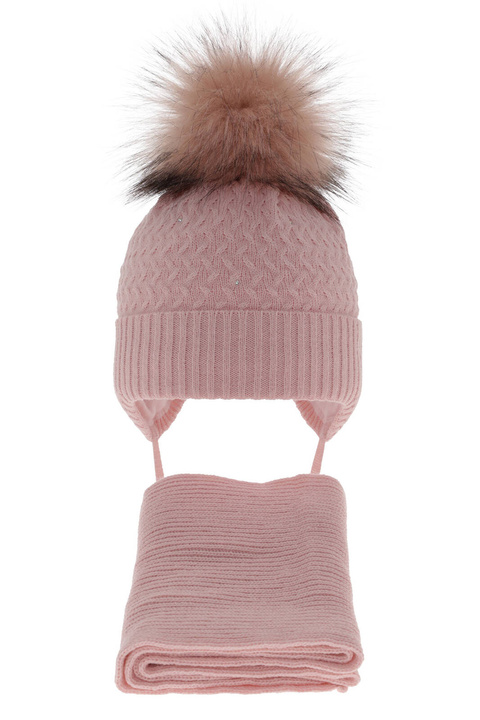 Flicka vinter set: mössa och halsduk, rosa, med pompom, med knytband, Zelta