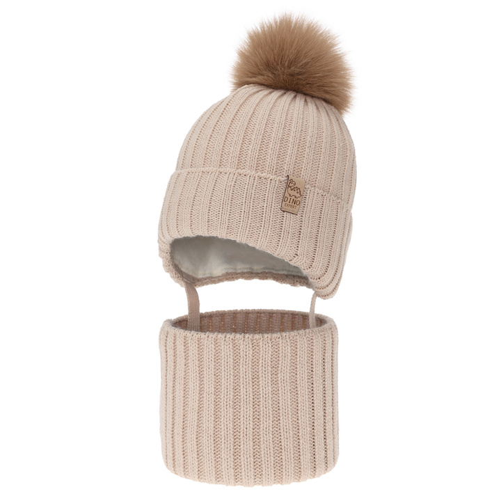Pojke vinter set: mössa och tubhalsduk, beige, med pompom, Bagil