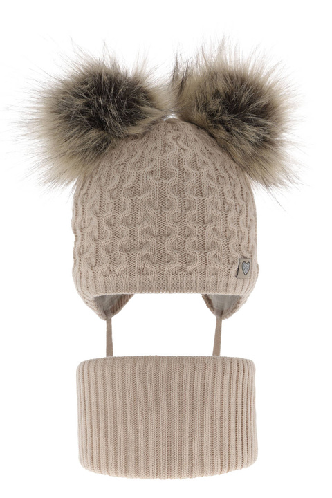 Flicka vinter set: mössa och tubhalsduk, beige, med två pompommar, med knytband, Poliana