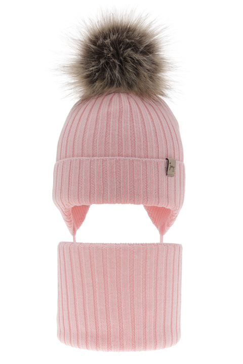 Flicka vinter set: mössa och halsduk, rosa, med knytband, med pompom, 100% Merino Ull, Junika