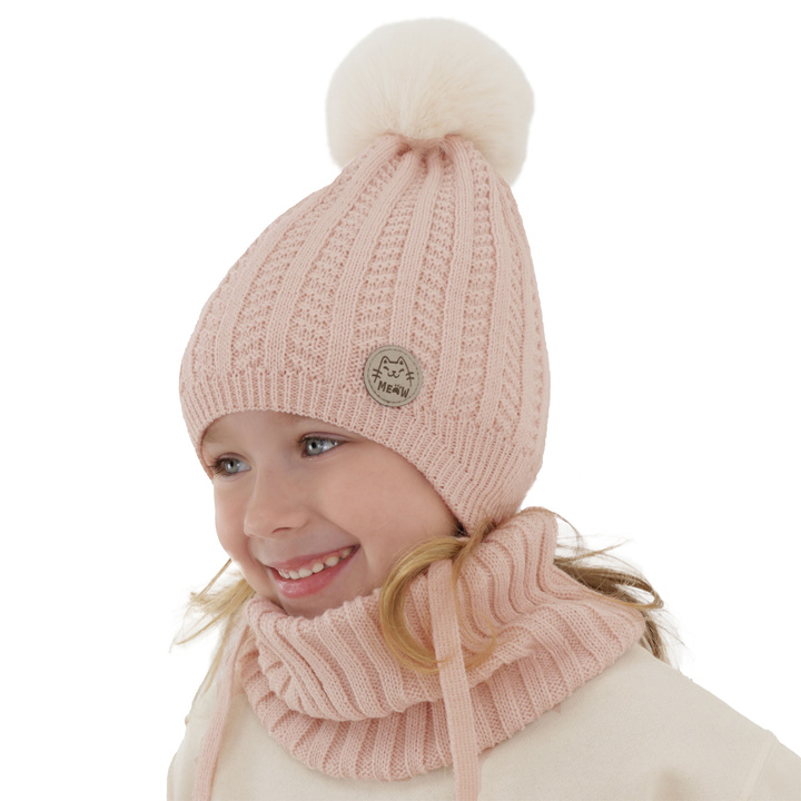 Flicka vinter set: mössa och tubhalsduk, ljusrosa, med pompom, Kenta