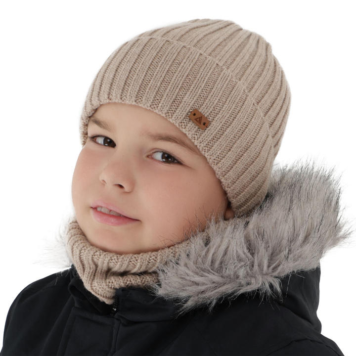 Pojke vinter set: mössa och tubhalsduk, beżowy, 100% Merino Ull, Umberto