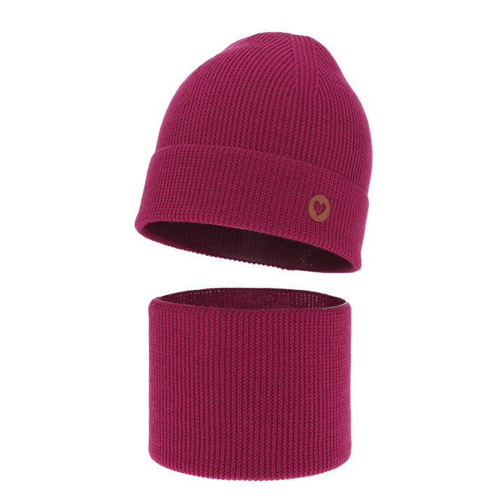 Flicka höst/vår set: mössa och tubhalsduk, amarant, 100% Merino Ull, Brook
