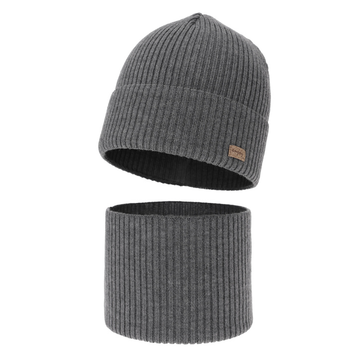 Pojke höst/vår set: mössa och tubhalsduk, grå, 100% merino ull, Intro