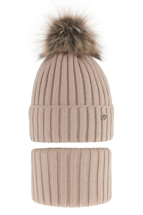 Flicka vinter set: mössa och halsduk, beige, med pompom, Wilma