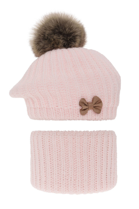 Flicka vinter set: mössa och halsduk, ljusrosa, med pompom, Polinezja