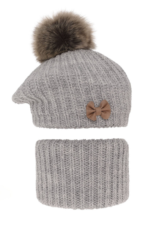 Flicka vinter set: mössa och tubhalsduk, grå, med pompom, Polinezja