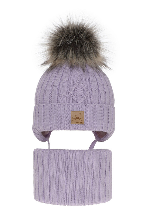 Flicka vinter set: mössa och tubhalsduk, lila, med pompom, knytband, Aida