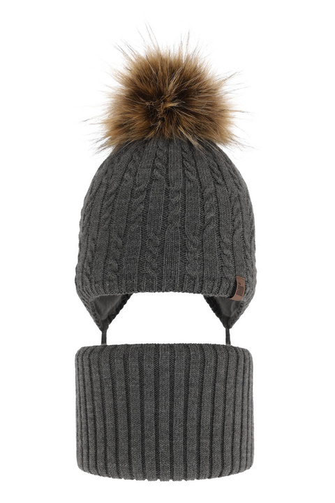 Pojke vinter set: mössa och halsduk, grå, med pompom, knuten, Indigo