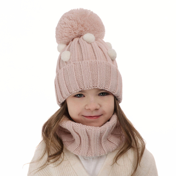 Flicka vinter set: mössa och halsduk, ljusrosa, med pompom, Hekate