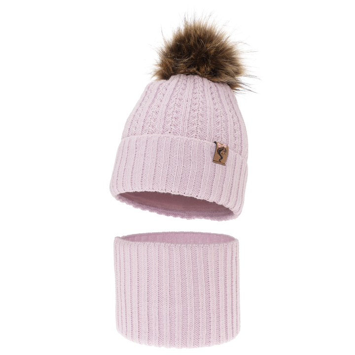 Flicka vinter set: mössa och tubhalsduk, lila, med pompom, Larina