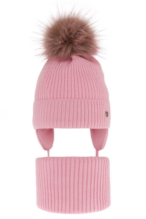 Flicka vinter set: mössa och halsduk, rosa, med pompom, med knytband, Debra