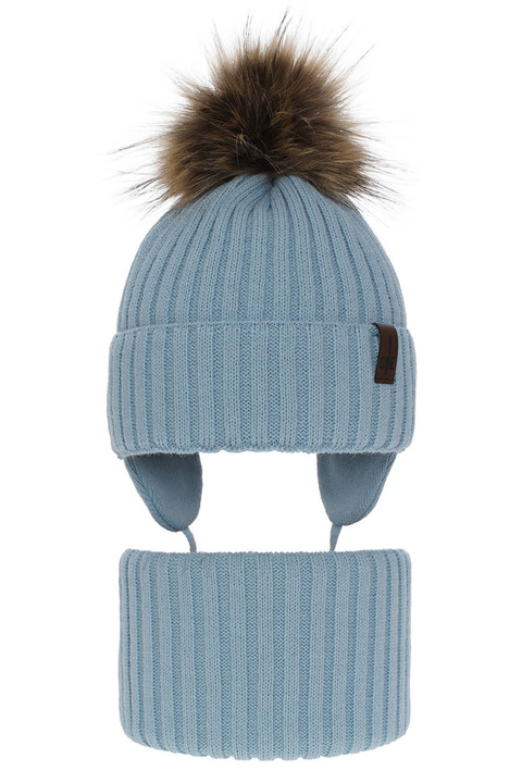 Pojke vinter set: mössa och halsduk, blå, med pompom, Puzel