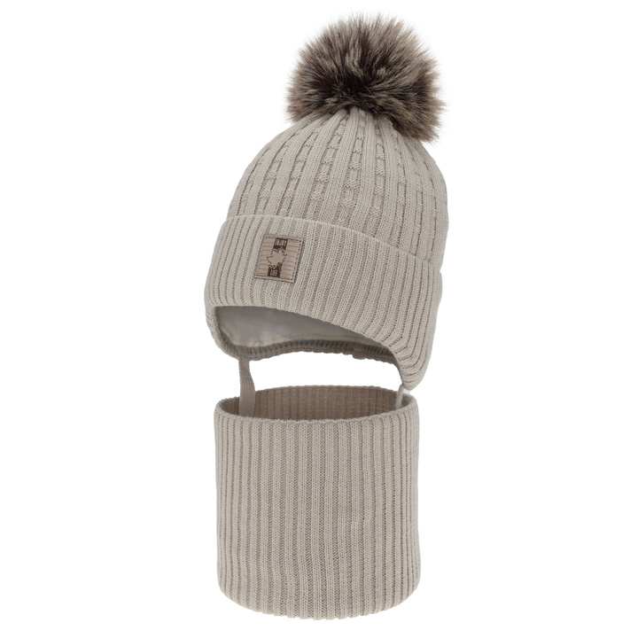 Pojke vinter set: mössa och halsduk, beige, med pompom, Fiamanto