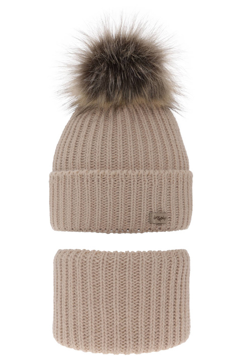 Flicka vinter set: mössa och tubhalsduk, beige, med pompom, Willow