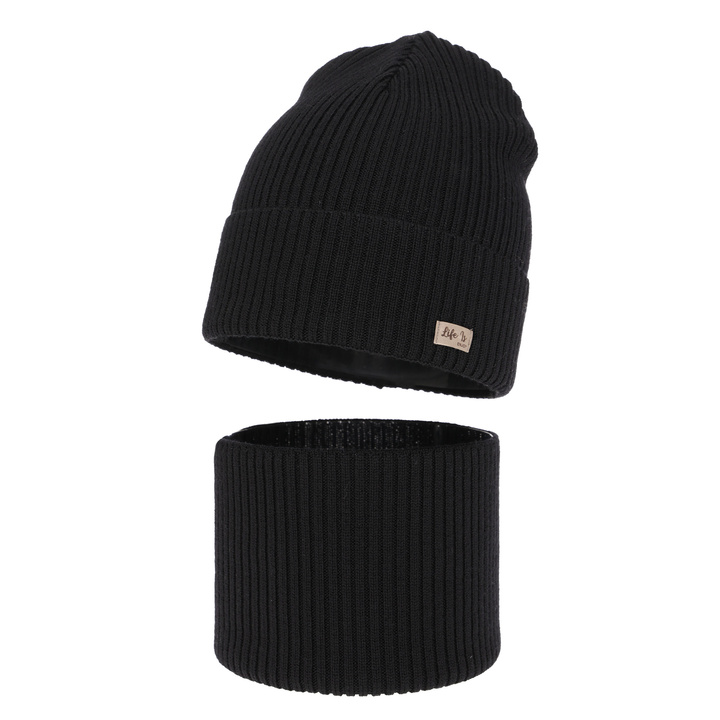 Flicka höst/vår set: mössa och tubhalsduk, svart, 100% Merino Ull, Itra