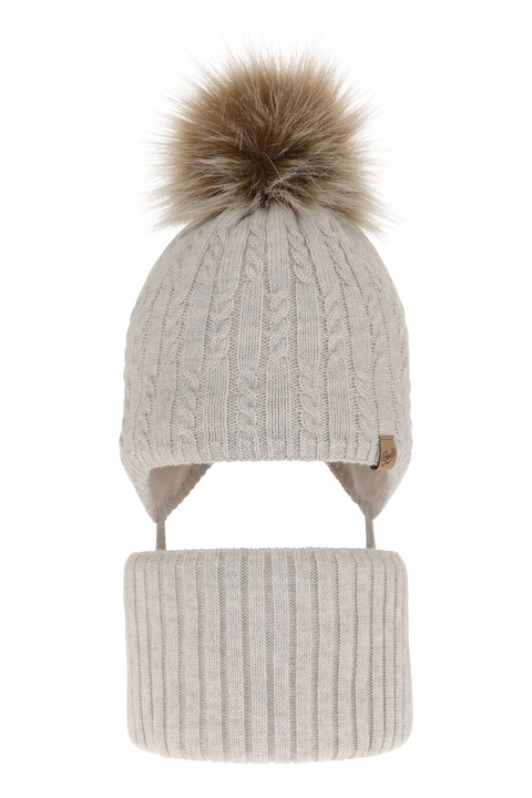 Flicka vinter set: mössa och halsduk, grå, med pompom, Loreley