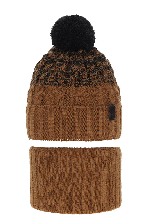 Pojke vinter set: mössa och tubhalsduk, brun, med pompom, Travis