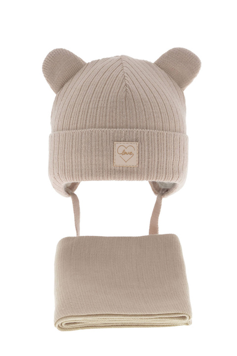 Flicka vinter set: mössa och halsduk, beige, med knytband, Antola