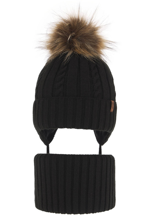 Pojke vinter set: mössa och tubhalsduk, svart, med pompom, Peter