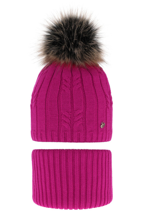 Flicka vinter set: mössa och tubhalsduk, rosa, med pompom, Amaltea