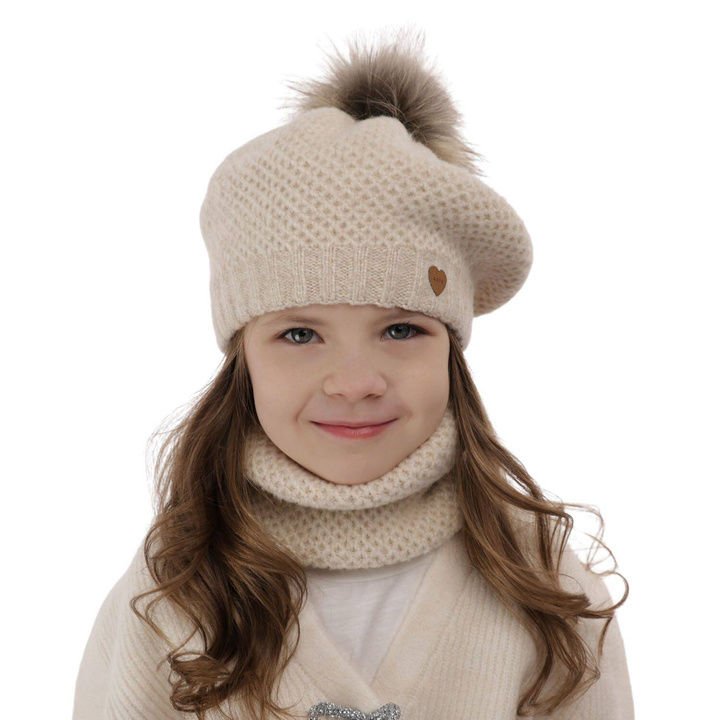 Flicka vinter set: mössa och halsduk, ljusbeige, med pompom, Francesca