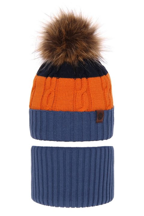 Pojke vinter set: mössa och tubhalsduk, blå, med pompom, Karmel