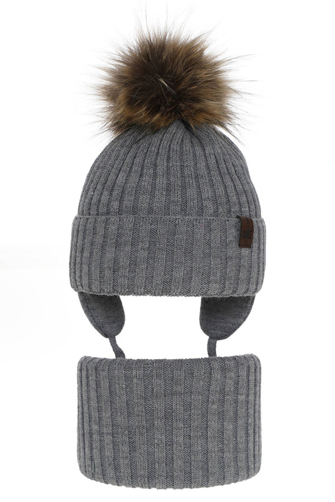 Pojke vinter set: mössa och halsduk, grå, med pompom, med knytband, Puzel