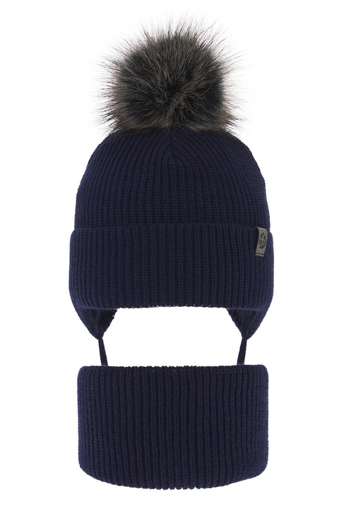 Pojke vinter set: mössa och tubhalsduk, blå, med knytband, med pompom, Honed