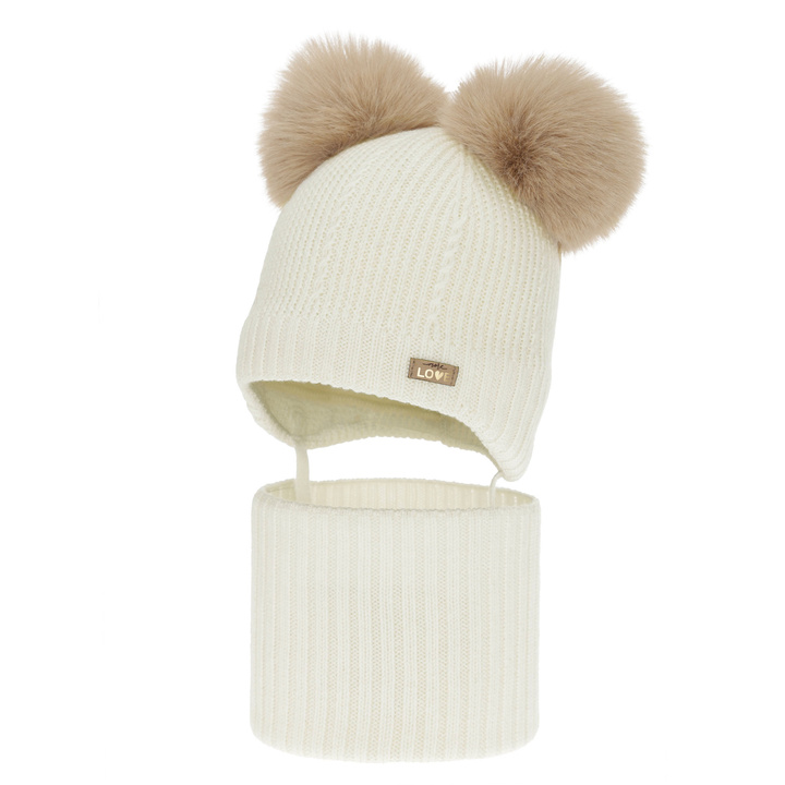 Flicka mössa och tubscarf, vinter set, krämfärgad, 100% merinull, fodrad med ullfleece, Lumia