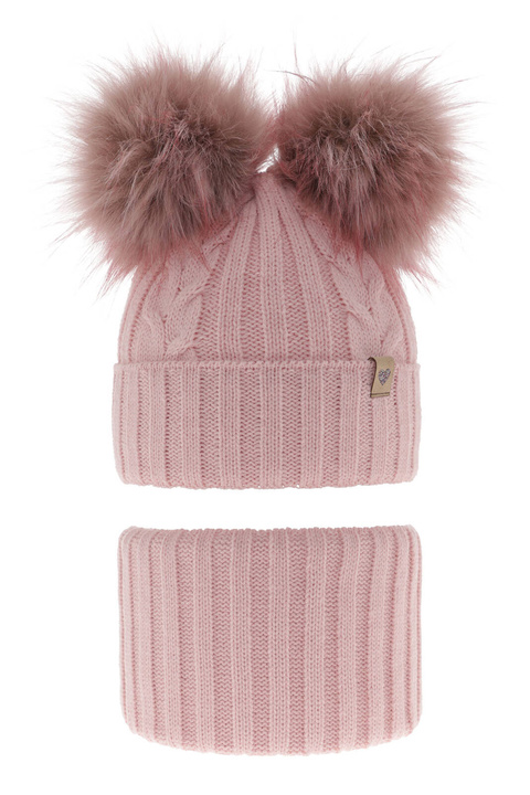 Flicka vinter set: mössa och halsduk, rosa, med två pompommar, Amala