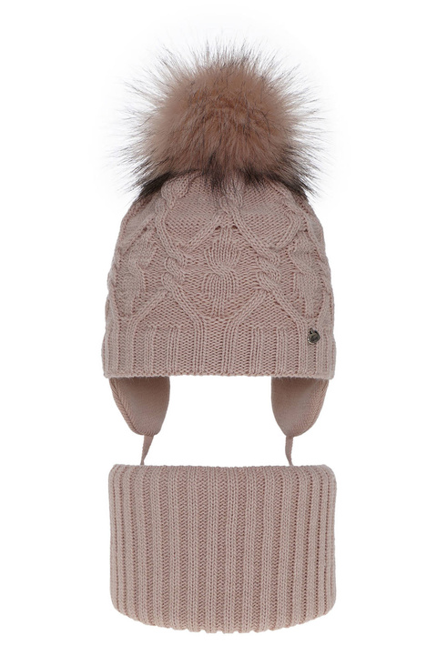 Flicka vinter set: mössa och tubhalsduk, rosa, med pompom, Elena