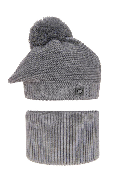 Flicka vinter set: mössa och halsduk, grå, med pompom, Lira