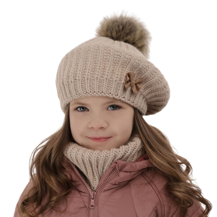 Flicka vinter set: mössa och halsduk, beige, med pompom, Polinezja