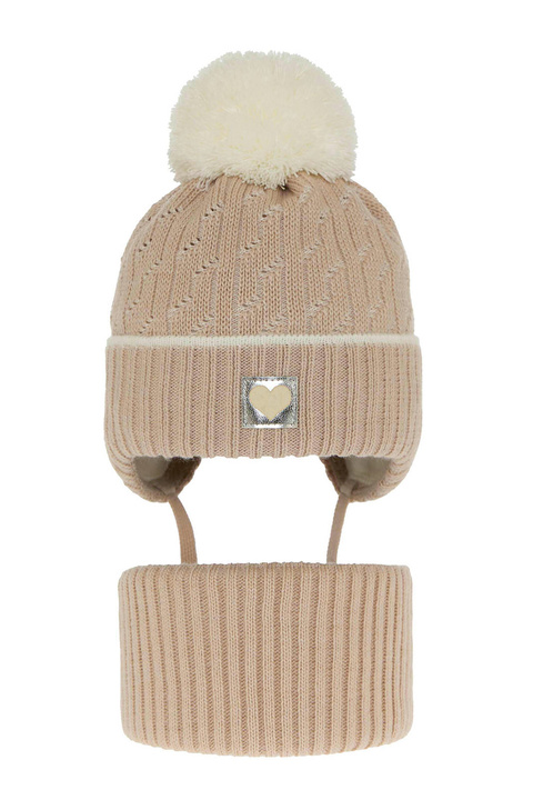 Flicka vinter set: mössa och halsduk, beige, med pompom, Natka